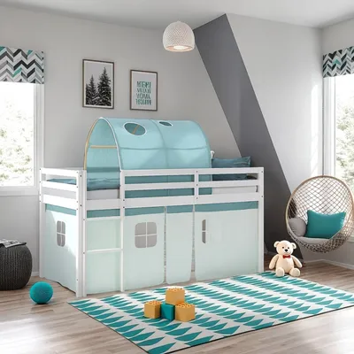 Produktbild von Homestyle4u Kinder Hochbett 90x200 mit Lattenrost Tunnel Vorhang grün Kinderbett Weiß Holz Massiv Stockbett