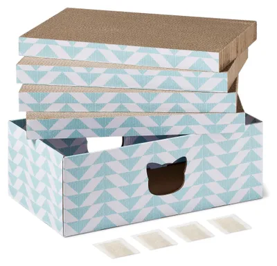 Image de A. Tapis griffoir pour chats avec herbe à chat, planche à gratter 4-en-1 en carton ondulé,