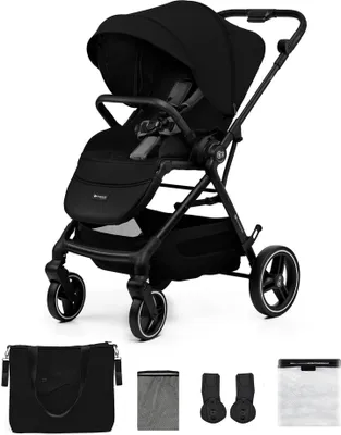 A black Kinderkraft YOXI stroller is shown against a white background, with accessories displayed below.