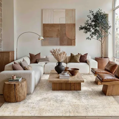 Image de Tapis pour salon, 240x300 cm, lavable, beige et marron, motif abstrait, peluche courte