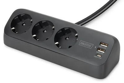 Produktbild von Digitus 3-fach Office-Steckdosenleiste mit 2x USB-A und 1x USB-C Anschlüssen, Schwarz, 1,5 m, Drinnen, Type E/F, IP20, 1,5 mm², Polycarbonat (PC)