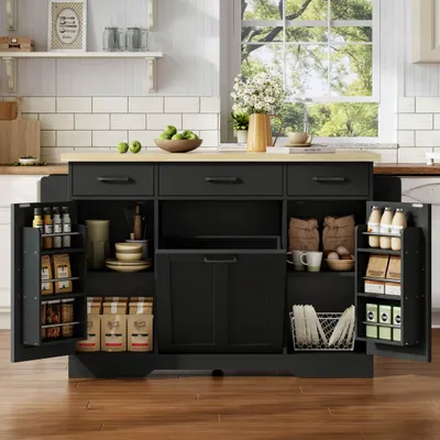 Produktbild von MODFU Kücheninsel mit klappbarer Arbeitsplatte, Esstisch mit Müllfach, Stauraumschrank mit Rollen, Gewürzregal & Schublade, MDF,Schwarz, 120×45(70)×87 cm