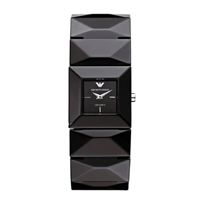 A black Emporio Armani watch with a ceramic band is shown against a white background.