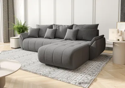 Image de Canapé d'angle avec fonction sommeil et coffre de lit TOKYO, tissu WIND, gris brun, droite