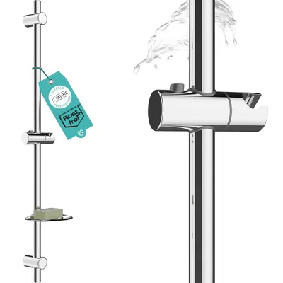 Produktbild von Duschstange 90cm rostfrei mit Seifenhalter - Brausestange 90 cm variable Bohrlöcher dank flexibler Wandhalterungen - Universal Dusch Stange lang