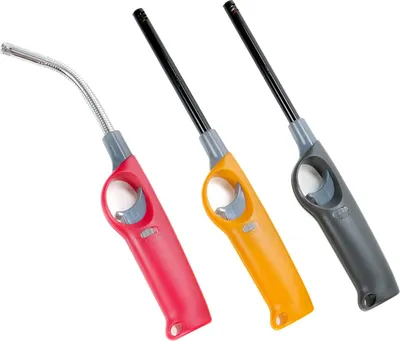 Produktbild von 3 Elektro-Gasfeuerzeuge, 1x Flexible Brennerdüse, 1x Normal, 1x mit Turbo-Flamme, mit Kindersicherung, Standfuß, Flammen-Einsteller, Füllfenster, nachfüllbar
