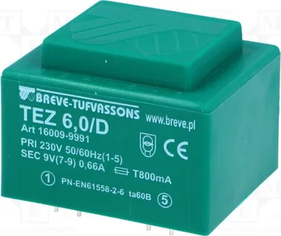 Obrázek produktu pro 1x Transformátor: napětí 9V, vstupní napětí 230VAC, výkon 6VA, proud 666,6mA. Montáž: TEZ6/D230/9V - transformátor