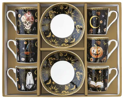 Zdjęcie produktu dla Porcelanowe filiżanki i podstawki pod filiżanki na kawę, motyw Halloween