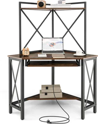 Produktbild von Eckarbeitsplatz mit Regalaufsatz, Eckschreibtisch mit Regalen, Tastaturablage, Fallschutzwand & integrierter Ladestation, platzsparender, Braun