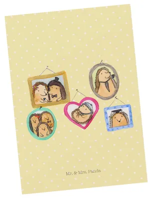 Produktbild von Mr. & Mrs. Panda Postkarte Igel Familie - Gelb Pastell - Geschenk, Muttertag, Bilder, Liebe, Postkarten, Ansichtskarte, Grußkarte, Papa, Ansichtskarten, bildkarte