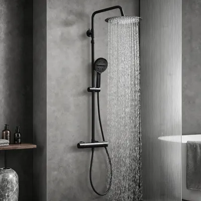 Produktbild von Homelody Duschsystem Thermostat Duschset Schwarz 12" Regendusche 6 Funktionen Handbrause SUS304 Edelstahl Kopfbrause, 38°C Verbrühschutz