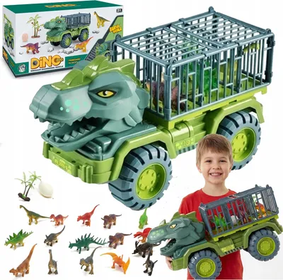 Image de Camion de transport de dinosaures | Camion T-Rex avec 15 figurines & accessoires | Grande cage de chargement | 40 cm vert