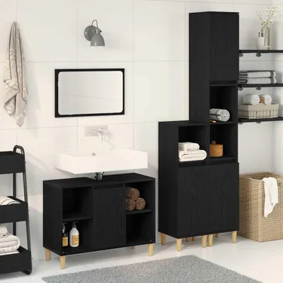Produktbild von vidaXL Badezimmermöbel-Set mit Speicher 3 pcs Schwarz Holzwerkstoff