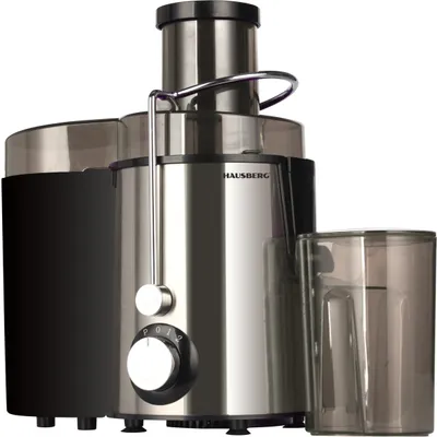 Productafbeelding van Hausberg HB-7645 fruit- en groentesapcentrifuge, 600 W, 2 snelheden + turbofunctie, 1 liter pulpcontainer, 550 ml sapcontainer, stamperaccessoire, zwart + zilver