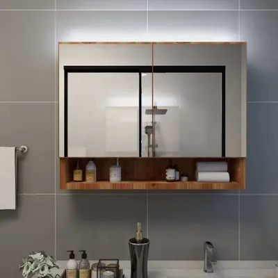 A bathroom cabinet with a mirror and shelf, displaying toiletries and towels.