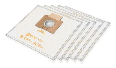 A stack of five vacuum cleaner bags, with one bag prominently displayed at the front.
