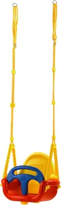 A colorful baby swing with a steering wheel.