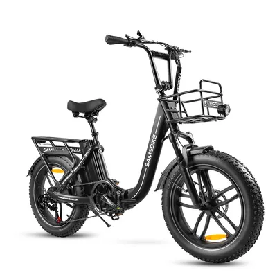 A black electric bicycle with a front basket and rear rack, shown against a white background.
