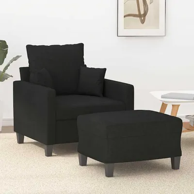 Produktbild von Schwarzer Sessel mit 60 cm breitem Hocker aus gepolstertem Stoff, robustem Metallgestell, 78 x 77 x 80 cm und einer Belastbarkeit von 110 kg für Wohnzimmer und Lounge