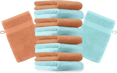 Produktbild von Betz 10 Stück Waschhandschuhe 16x21 cm PREMIUM 100% Baumwolle  Farbe: orange und türkis
