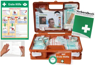 Produktbild von Verbandskoffer/Verbandskasten (K) -Paket 2- Erste Hilfe nach aktueller DIN 13157 für Betriebe -DSGVO- INKL. PERF. VERBANDBUCH + Aushang "Erste Hilfe"