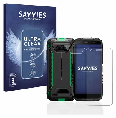 A product shot of a rugged smartphone and its screen protector packaging.