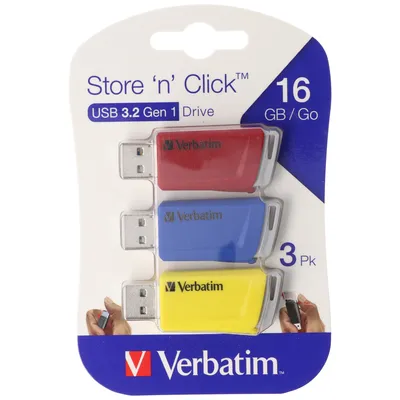 Produktbild von Verbatim Store 'n' Click - USB-Flash-Laufwerk - 16 GB - USB 3.2 Gen 1 - Blau, Gelb, Rot (Packung mit 3)