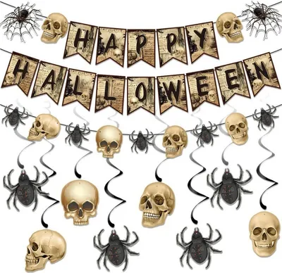 Obrázek produktu pro Halloween Banner Set - Happy Halloween Banner, Halloween Skeleton Spider Hanging Swirl Decorations Halloween Party Dekorace Dodávky
