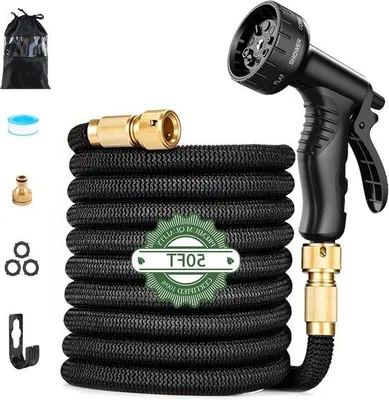 Immagine prodotto di Tubo da giardino flessibile, lungo 15 metri, resistente all'acqua, con ugello a punta e set di raccordi