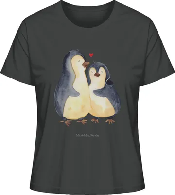 Produktbild von Mr. & Mrs. Panda Oberteil Damen Pinguin umarmen Größe S - Anthrazit - Geschenk, Verknallt, Liebe, Frauen T-Shirt, shirt, Hochzeitstag, Umarmung Verliebt, Kurzarmshirt