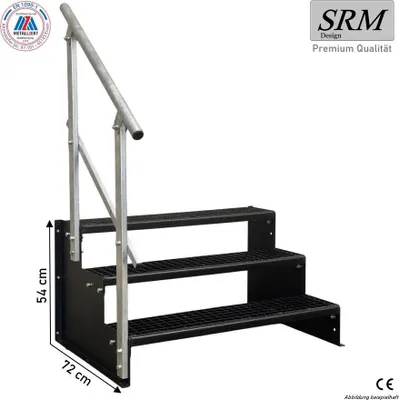 Zdjęcie produktu dla Schodki stojące, model 2, 3 stopnie, kolor czarny, szerokość 60 cm, wysokość 54 cm. 1 sztuka poręczy prostokątnej