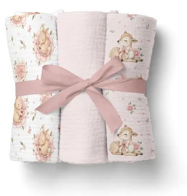 Zdjęcie produktu dla Pieluszki muślinowe 70x70 cm 3 szt. Różowa + wzór / Bocioland