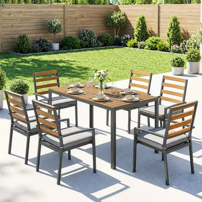 Produktbild von SUGIFT Gartenmöbel Set 7-teilig Stahl Glas, Sitzgruppe Esstisch 6 Stühle Kissen, Naturholz-Optik | 146x80x74 cm | 24,3 kg | wetterfester Stahl