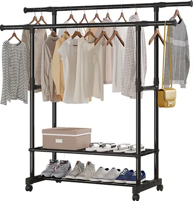 Produktbild von Aoresac Roll-Kleiderstaender mit Doppelstange und Regalen, hoehen- und laengenverstellbar, tragbarer Kleiderstaender aus Metall, Kleiderstaender mit Rollen, 2-stufiger Schuhstaender fuer Schlafzimmer im Eingangsbereich, Ecke