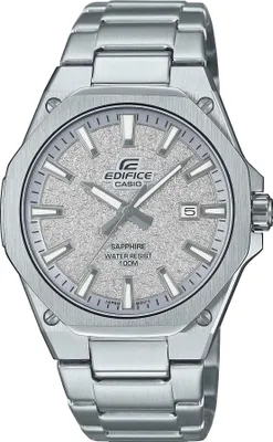 A close-up studio shot of a silver Casio Edifice watch.