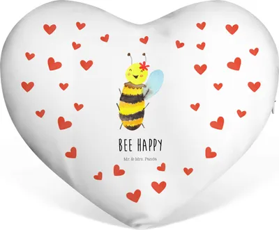 Produktbild von Mr. & Mrs. Panda Kissen Herz Biene Happy - Weiß - Geschenk, Kuschelkissen, Liebeskissen, dekoartikel, Dekokissen, Herzkissen, Sofakissen