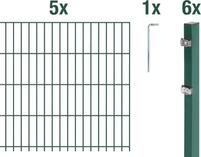 Produktbild von Alberts Doppelstabmattenzaun 6-5-6, Matten 2,50 m, Höhe 1,03 m, Länge 12,5 m, grün, Zaun als Komplettset, Pfosten mit Klemmlasche 60x40 mm