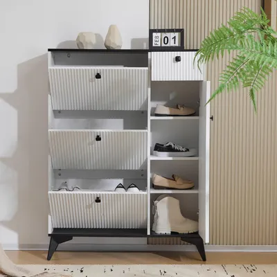 Image de Armoire à chaussures étroite avec 3 portes, 1 tiroir et 1 porte, de couleur blanche, dimensions : 90 x 25 x 121 cm