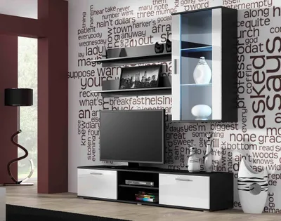 Produktbild von Furniture24 Wohnwand SOHO 5 mit Blauer LED Beleuchtung, Anbauwand, Wohnzimmerschrank, Schrankwand, Vitrine, Lowboard, HängeregalGrau/Weiß Hochglanz