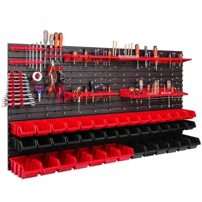 Zdjęcie produktu dla Panel narzędziowy naścienny 156 x 78 cm z 43 szt. Wiszące pudełka z zestawem plastikowych uchwytów