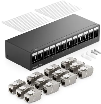 Produktbild von deleyCON 12 Port Patchpanel Set Patchfeld Verteilerfeld 1HE + 12x RJ45 Keystone Jack Modul STP CAT6a Kompatibel mit Verlegekabel CAT5 CAT6 CAT6a CAT7 Netzwerkkabel Ethernet LAN DSL - Schwarz