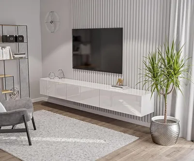 Produktbild von Nástenná Skrinka Biela Plný Wysoký Lesk TV Lowboard 270 cm Nástenná Skrinka TV Skrinka Nábytok do Obývačky Moderná