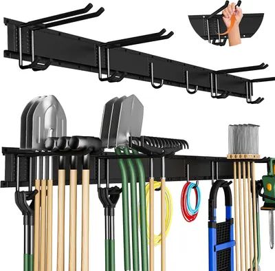 Produktbild von Wandhalterung für Gartengeräte im 2er Set, robuste Metallkonstruktion mit 180 kg Tragkraft, ideal für Garage und Garten