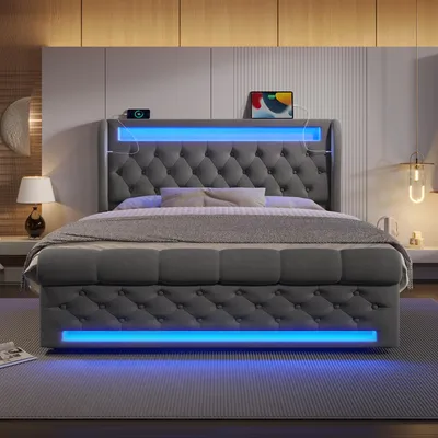Obrázek produktu pro okwish Čalouněná postel 140x200 s úložným prostorem a úložným čelem, manželská postel s LED, USB a Typ-C porty, mládežnická postel bez matrace, šedá