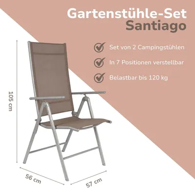 Image de Santiago Set de 2 chaises de camping Santiago - Chaise pliante avec cadre en aluminium - Chaise de plage réglable en 7 positions - Chaises de jardin idéales pour le jardin, le balcon ou le camping - Gris