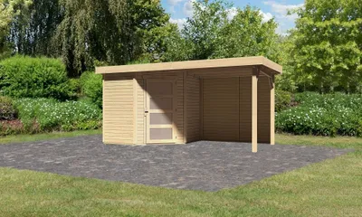 Produktbild von Karibu Gartenhaus Gerätehaus Schwandorf 3 im Set mit Anbaudach 2,40 m Breite und 19 mm Rückwand naturbelassen 433x217x218 cm