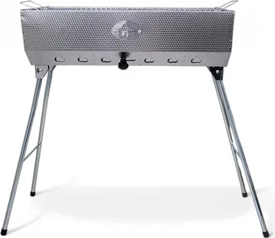A silver barbecue grill with foldable legs on a white background.