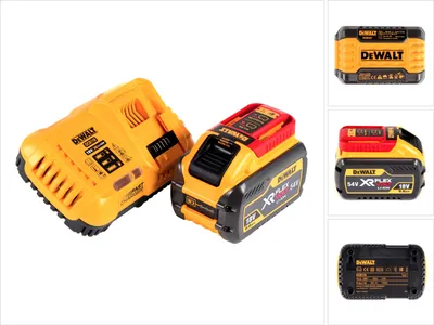 A DeWalt battery charger and battery pack are displayed on a white background.