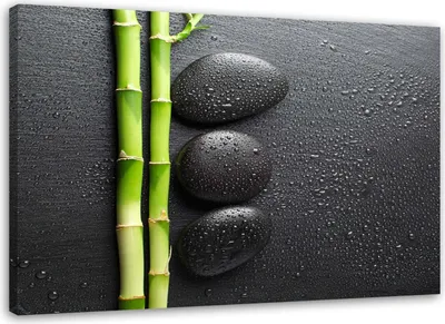 Produktbild von Leinwandbild bambus und zen-steine auf schwarzem hintergrund 120x80 cm Feeby grau wandbild bereit zum aufhängen