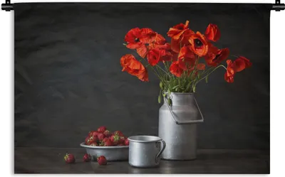 Produktbild von MuchoWow® Wandteppich Wandbehang Stilleben - Mohnblumen - Milchkännchen 60x40 cm Tapisserie Dekoration Wandtuch - Wanddekorationen